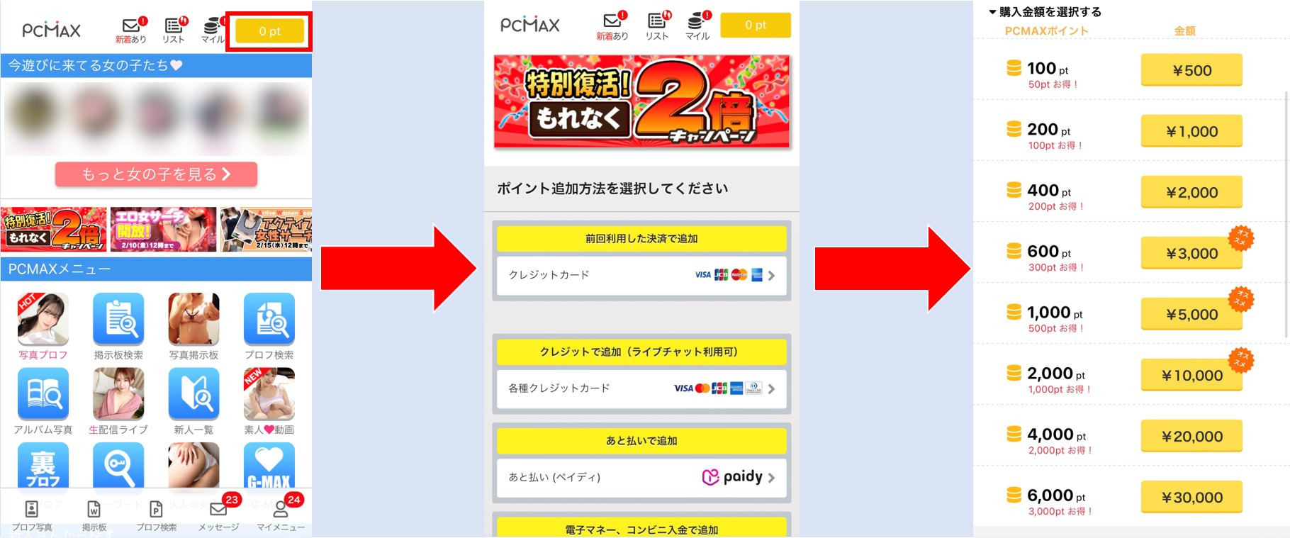 Web版PCMAXのポイント課金方法